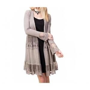 NEW VOCAL APPAREL crystal boho lace ruffle cardigan in mocha